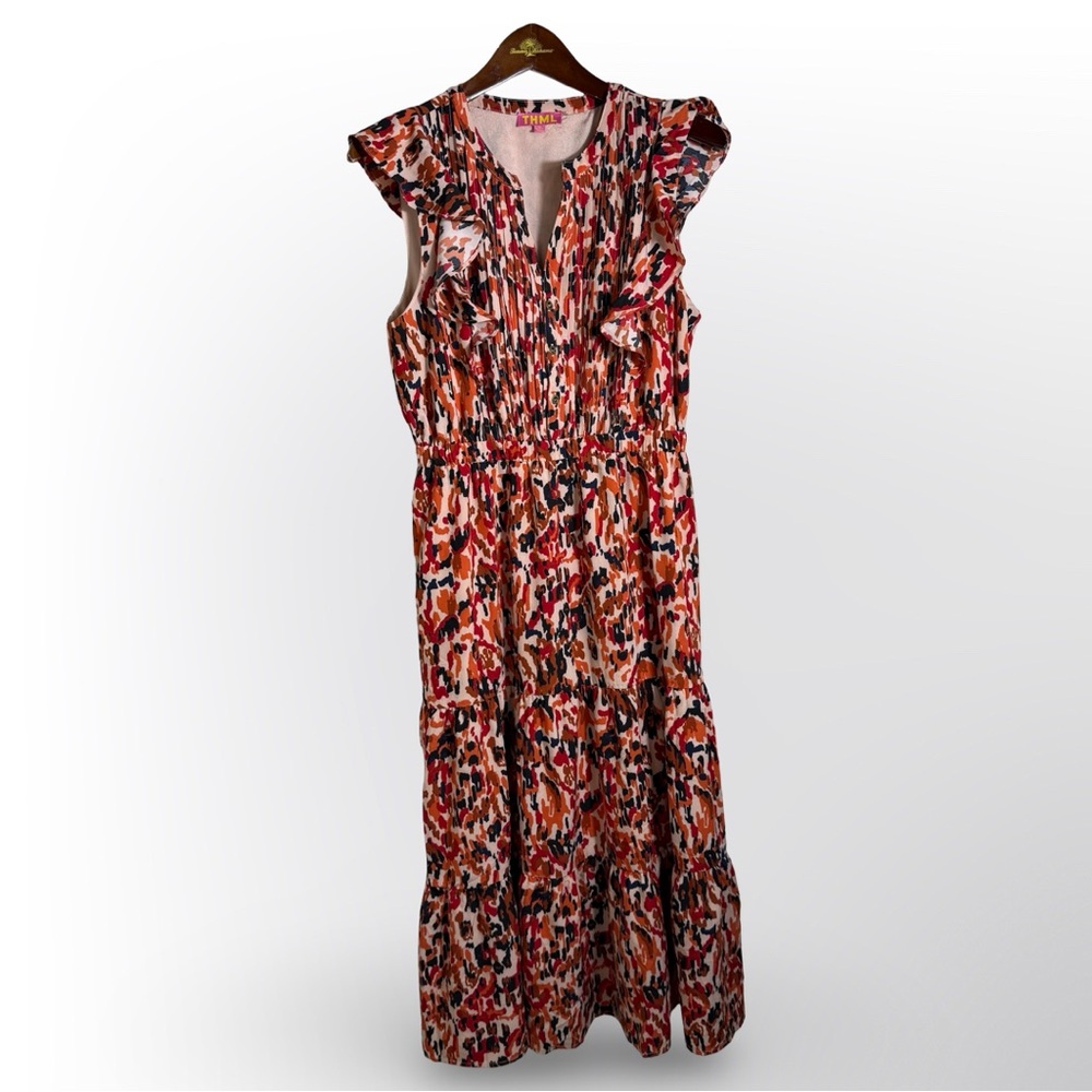 THML Tiered Sleeveless Midi Dress Abstract Print Red Orange Pink M - Picture 2 of 7